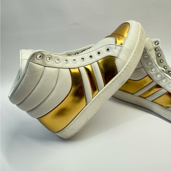 Gucci Men's White/Gold Contrast Padded Leather High-top Sneaker Gucci 8G - Picture 2 of 11